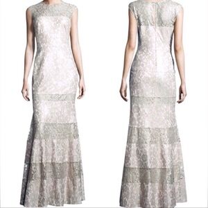 Kay Unger Silver Lace Overlay Banded Gown Size 12
